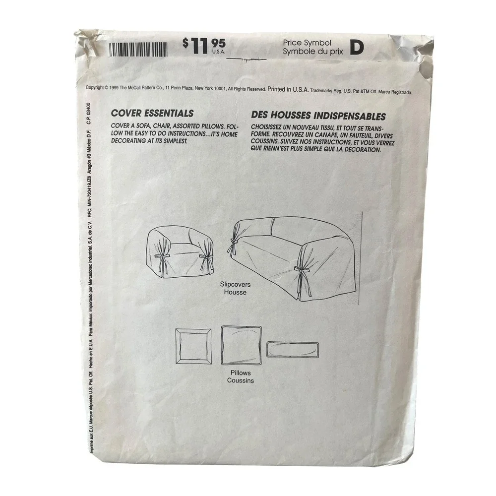 McCall's 2161 Home Decorating Slipcovers Sofa Chair Pillows 1990s